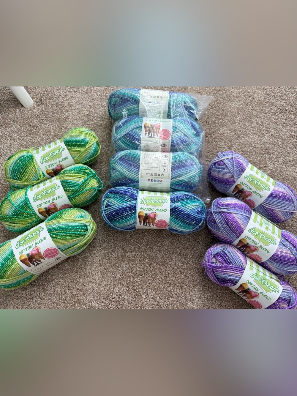 Lion Brand Ice Cream Cotton Blend Variegated Yarn Bundle - Greens, Blues, Purple